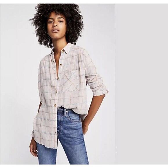 Free People Break My Stride Buttondown Top Pink Combo Size XS - Picture 1 of 7